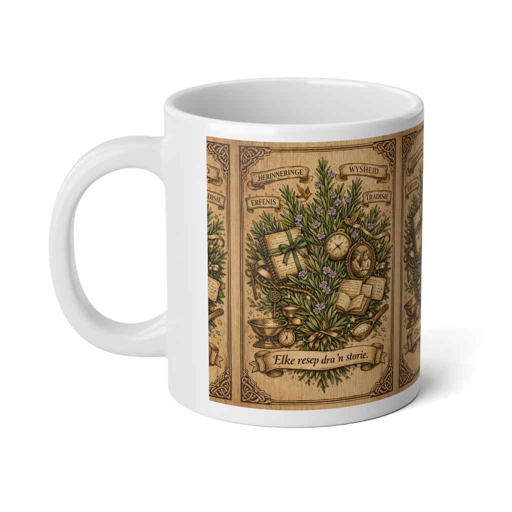 20oz Jumbo Mug — Vintage Apothecary Botanical Design ("Elke resep dra 'n storie")