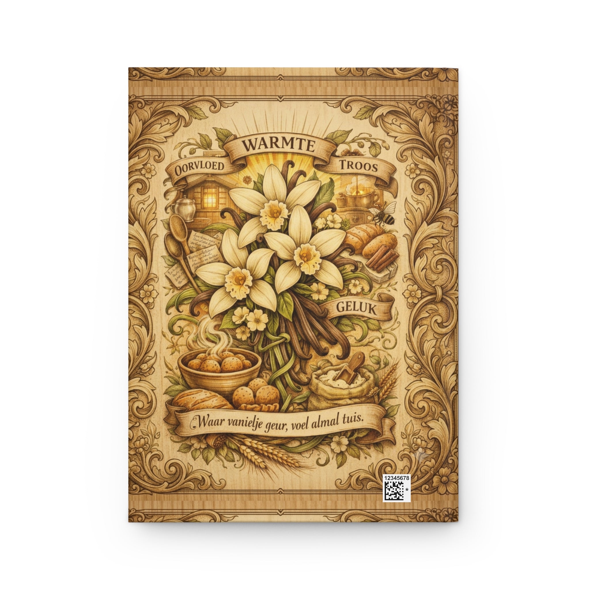 Hardcover Journal — Vintage Daffodil & Spice Floral Notebook with Dutch Sentiment (Warmte, Troos, Geluk)