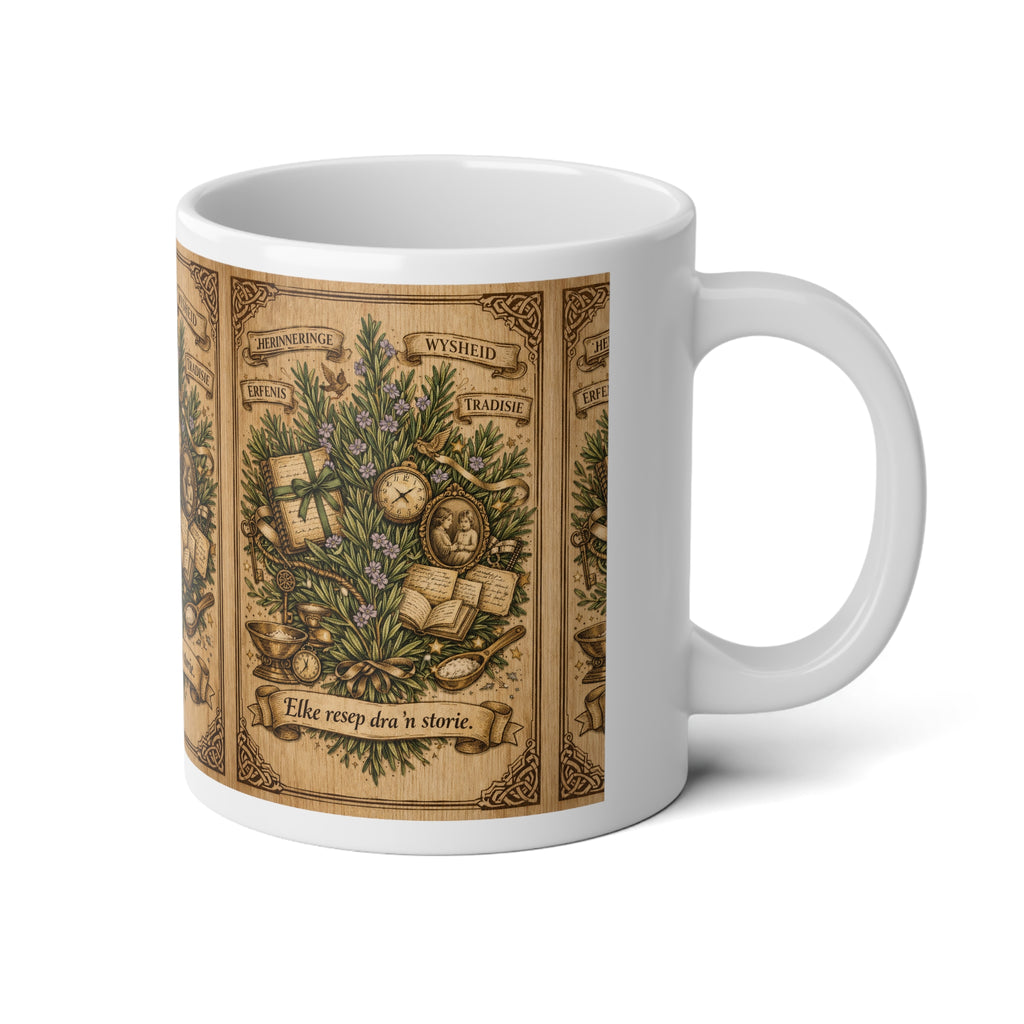 20oz Jumbo Mug — Vintage Apothecary Botanical Design ("Elke resep dra 'n storie")