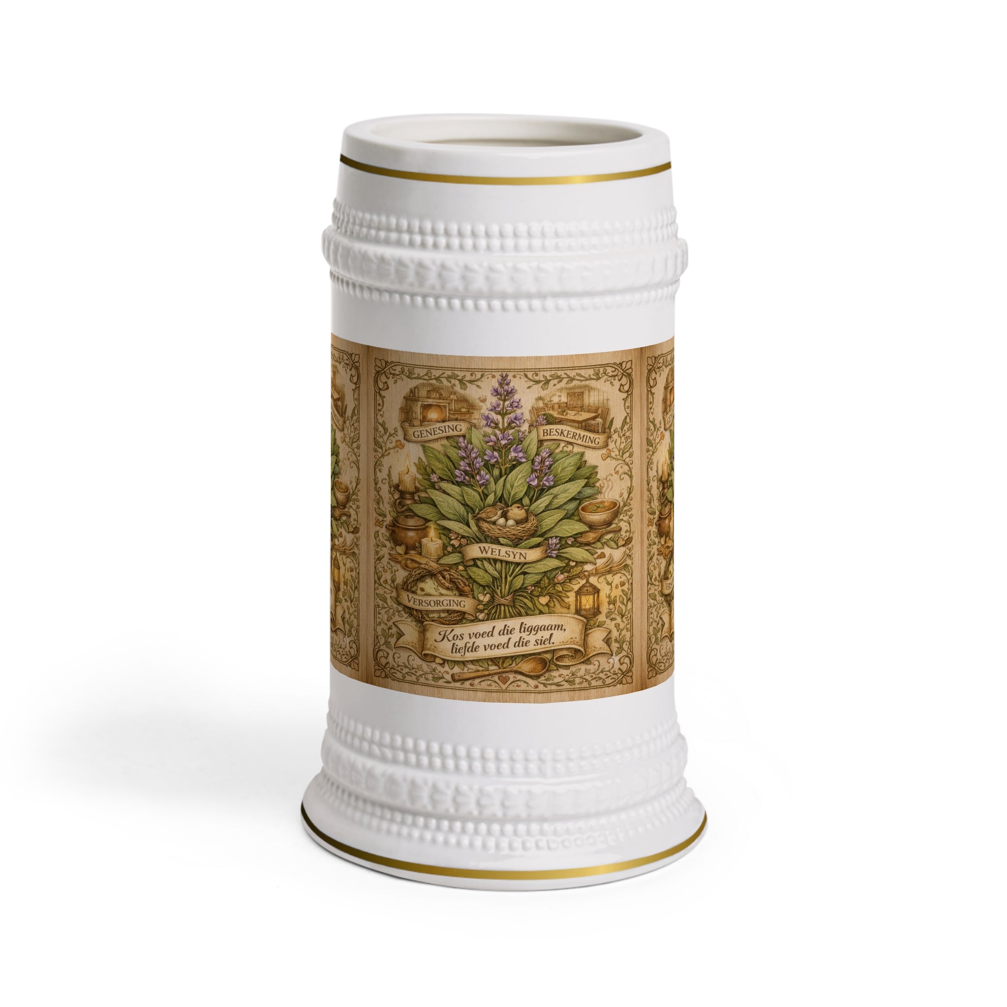 Herbal Apothecary Beer Stein — Vintage Botanical Mug with 'You Need the Biggest Pair of Dreams' Quote