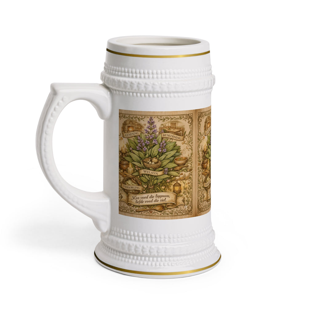 Herbal Apothecary Beer Stein — Vintage Botanical Mug with 'You Need the Biggest Pair of Dreams' Quote