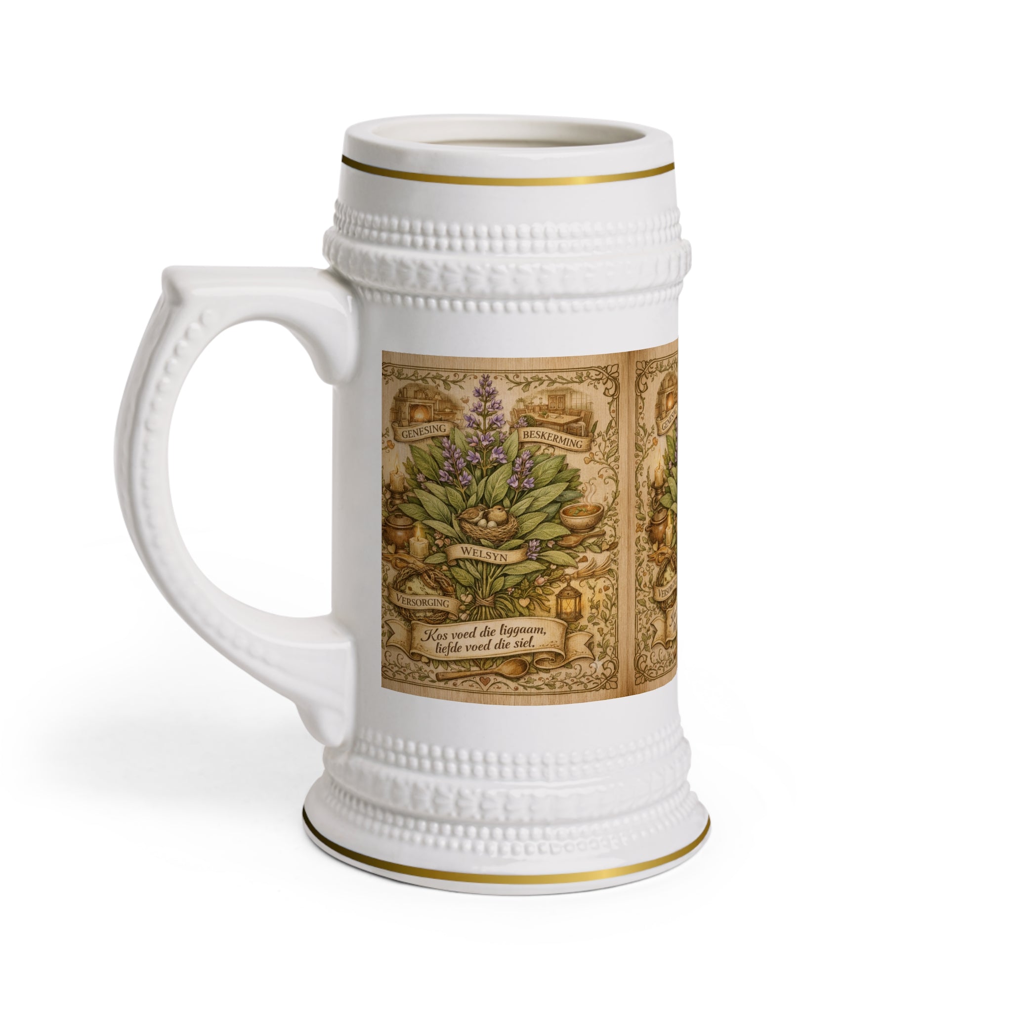 Herbal Apothecary Beer Stein — Vintage Botanical Mug with 'You Need the Biggest Pair of Dreams' Quote