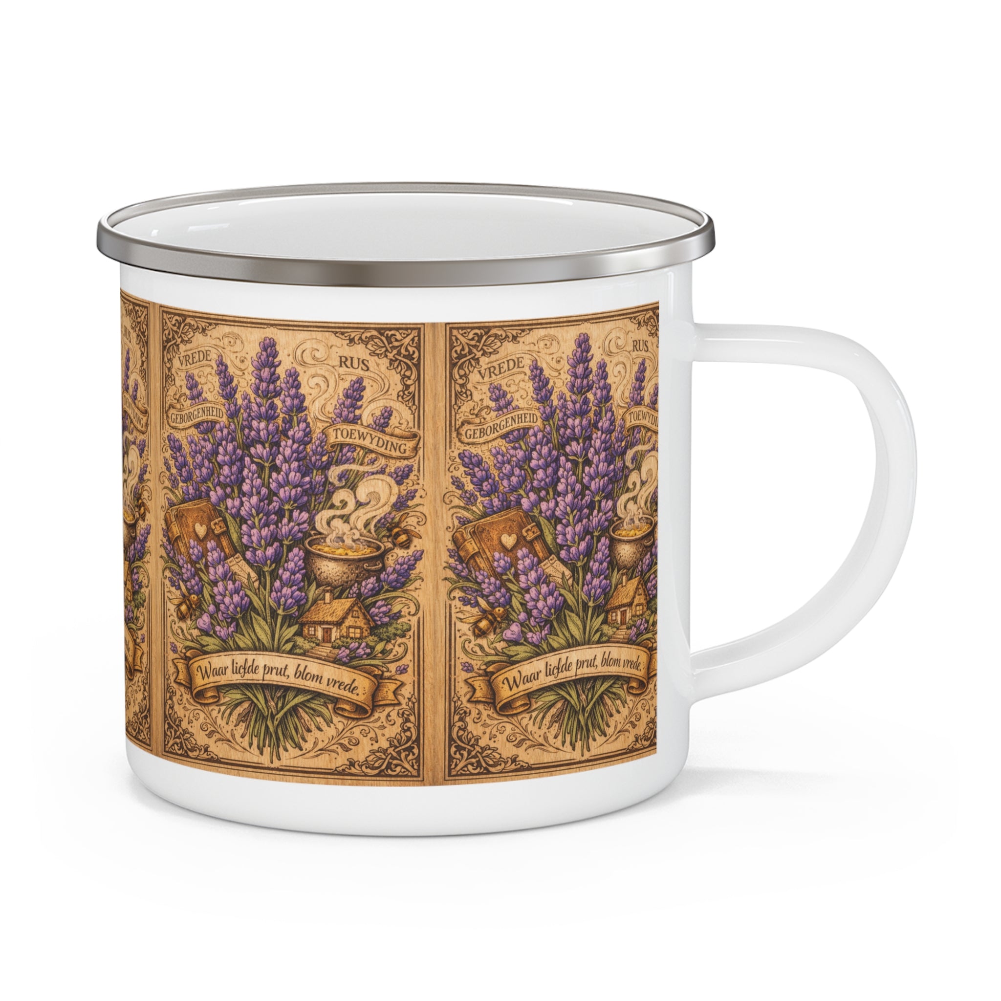 Lavender Apothecary Enamel Camping Mug — Vintage Herbal Illustration