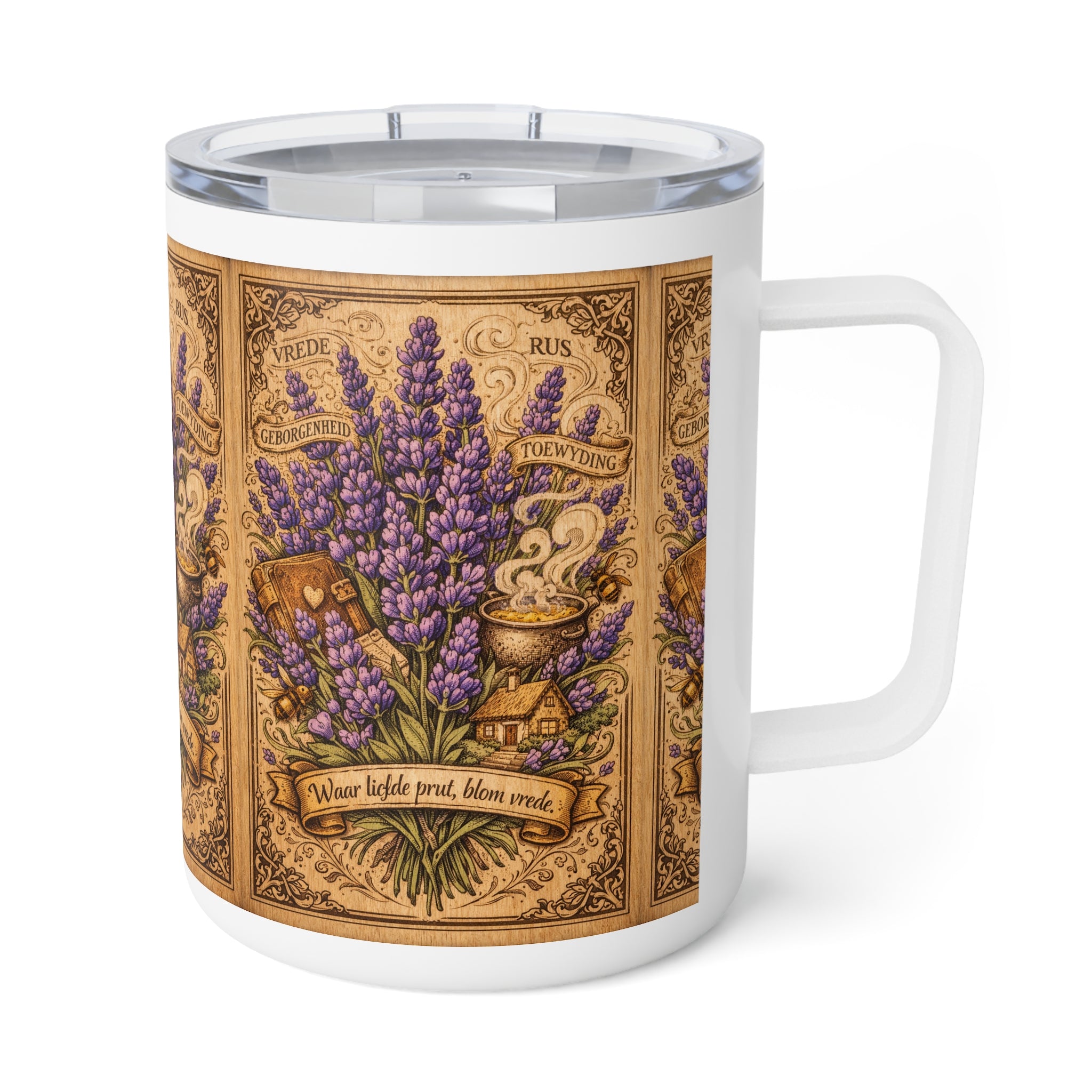 Lavender Apothecary 10oz Insulated Coffee Mug — Vintage Botanical Tea & Herbal Remedy Design
