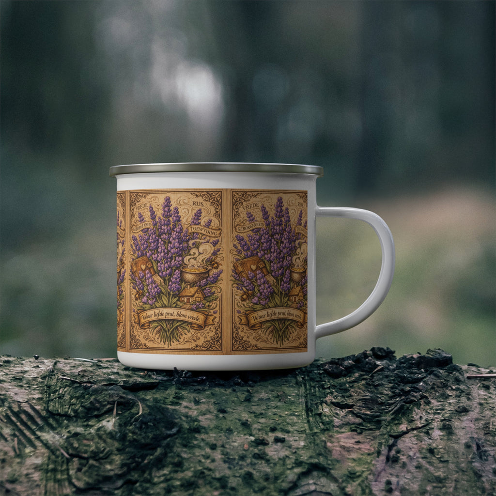 Lavender Apothecary Enamel Camping Mug — Vintage Herbal Illustration