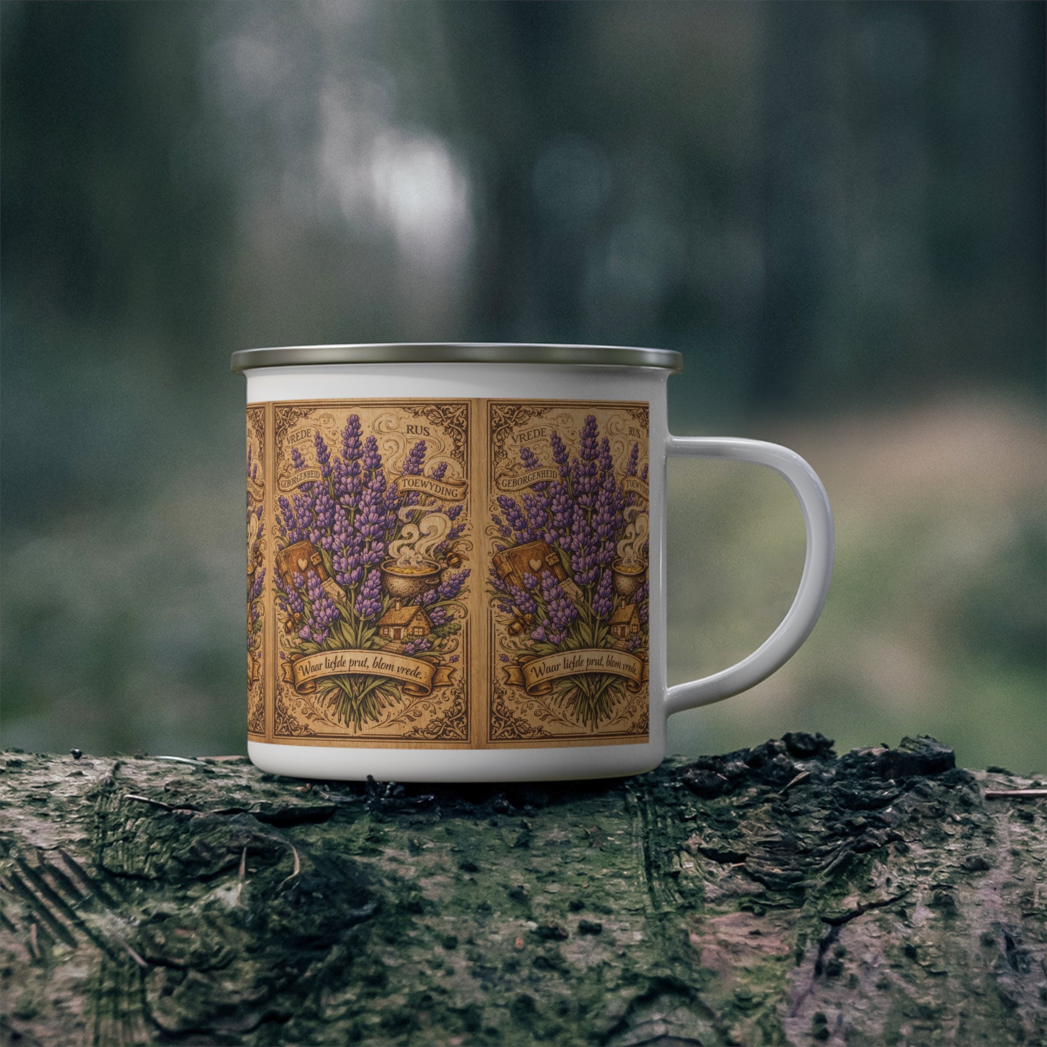 Lavender Apothecary Enamel Camping Mug — Vintage Herbal Illustration