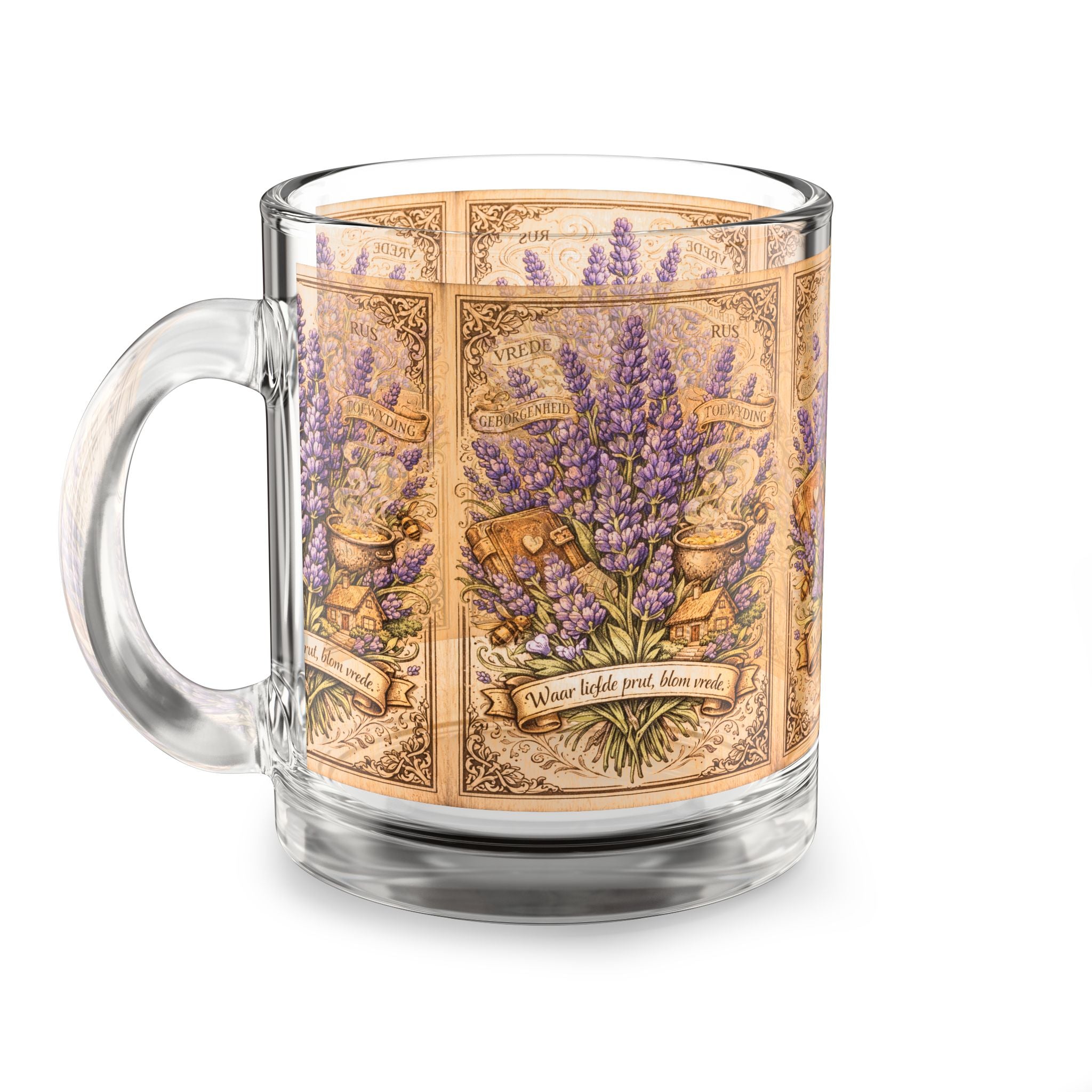 Lavender Botanical Glass Mug — 10 oz Vintage Floral Tea Coffee Cup