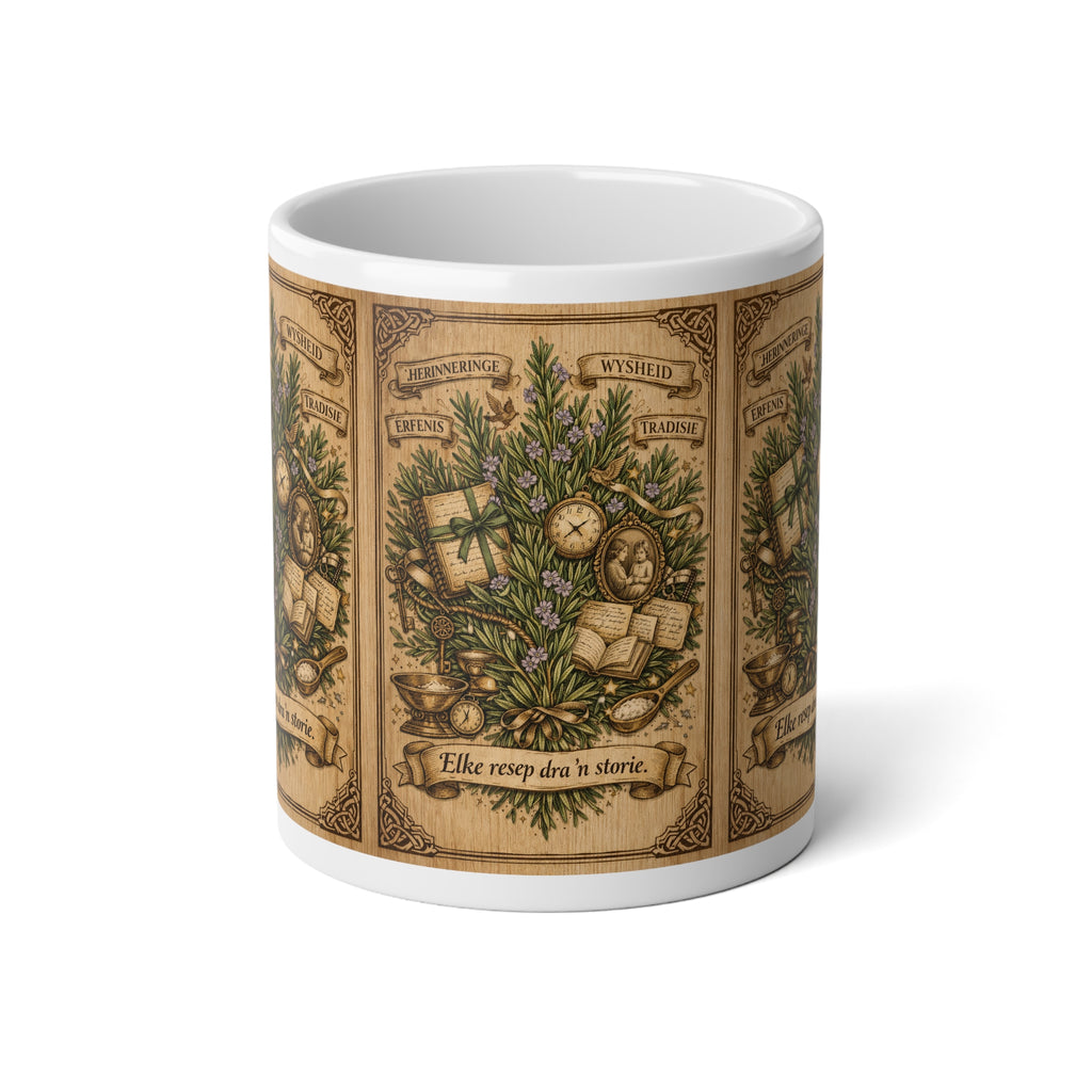 20oz Jumbo Mug — Vintage Apothecary Botanical Design ("Elke resep dra 'n storie")