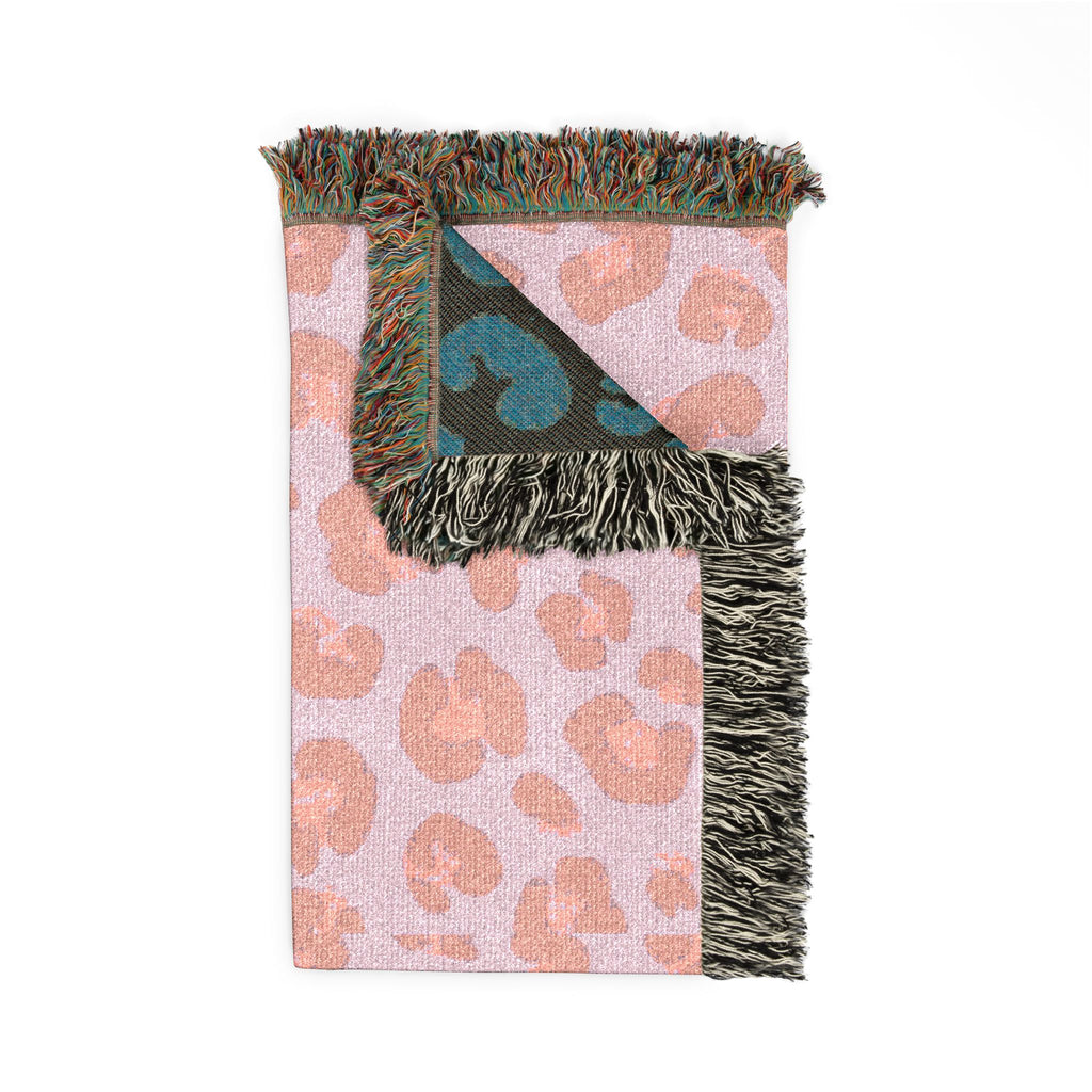 Leopard Print Woven Blanket — Reversible Pink & Teal Throw with Fringe