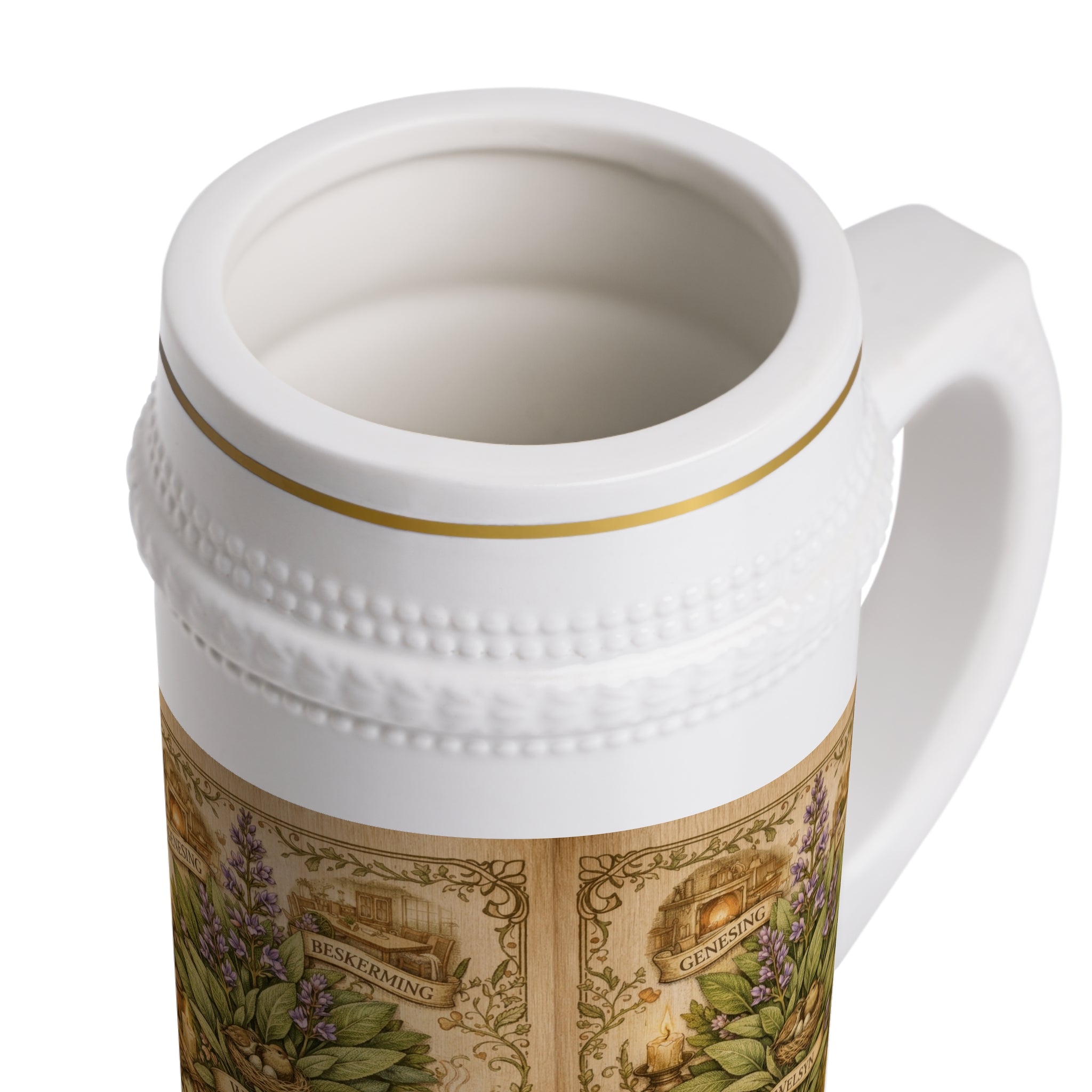 Herbal Apothecary Beer Stein — Vintage Botanical Mug with 'You Need the Biggest Pair of Dreams' Quote