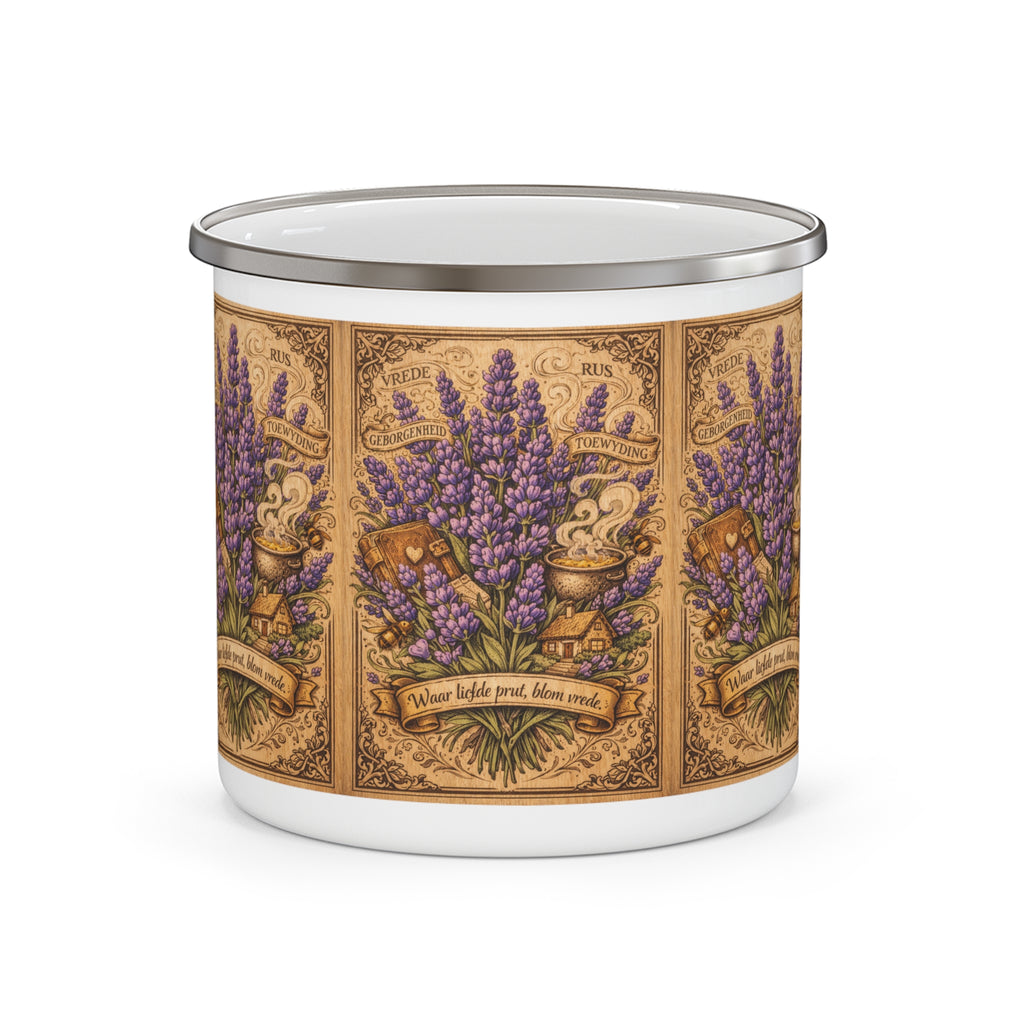 Lavender Apothecary Enamel Camping Mug — Vintage Herbal Illustration