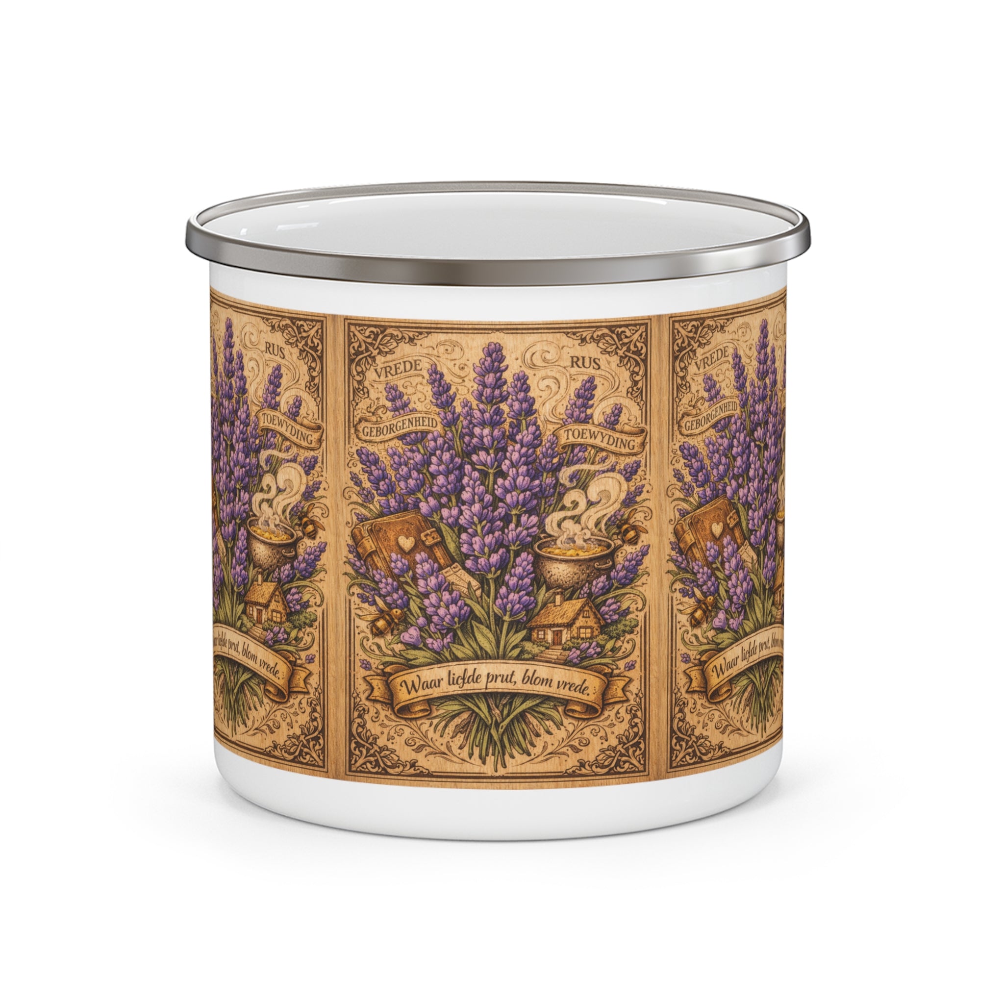 Lavender Apothecary Enamel Camping Mug — Vintage Herbal Illustration
