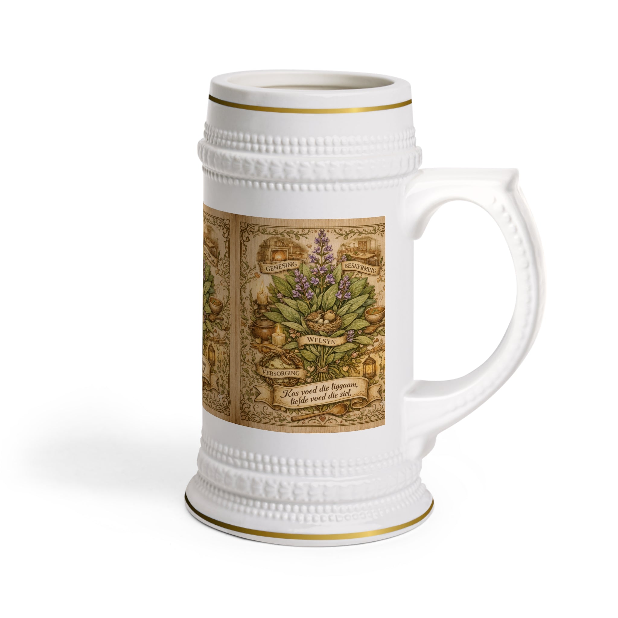 Herbal Apothecary Beer Stein — Vintage Botanical Mug with 'You Need the Biggest Pair of Dreams' Quote