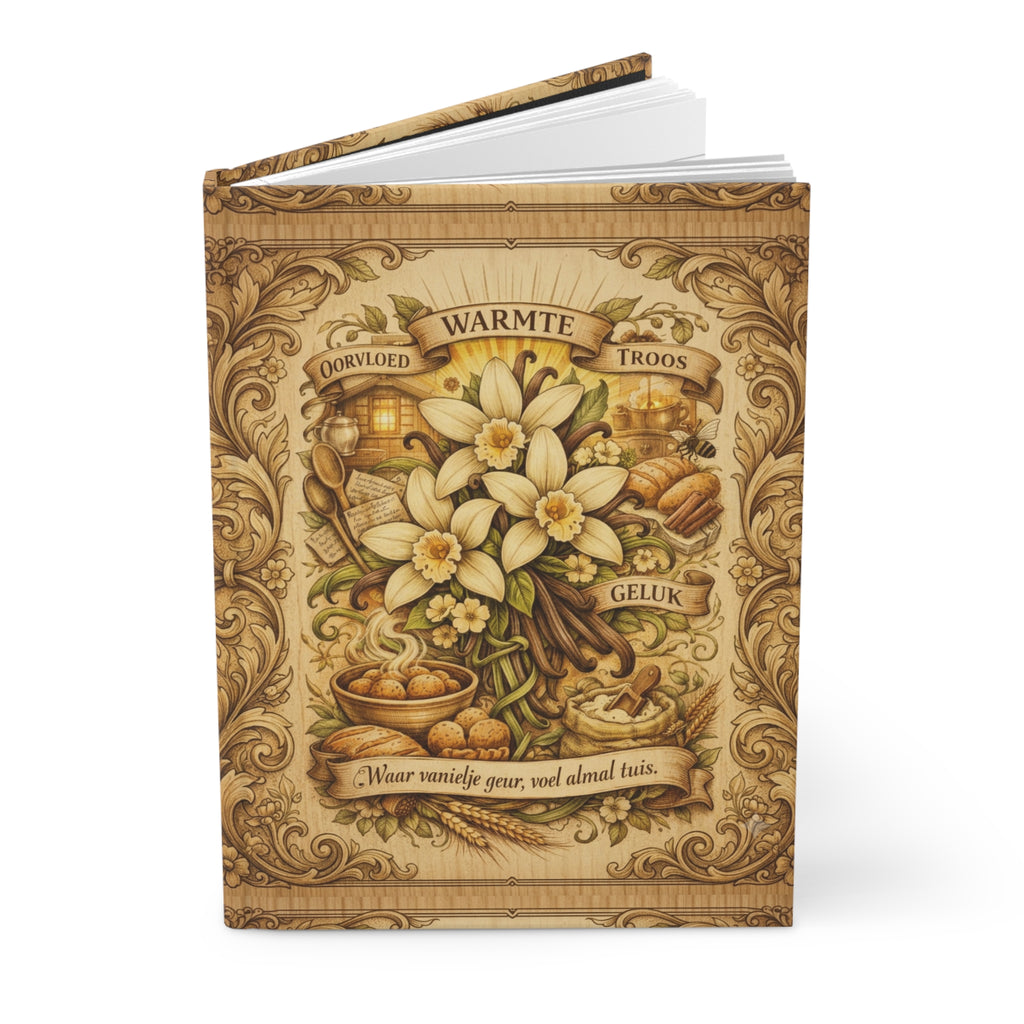 Hardcover Journal — Vintage Daffodil & Spice Floral Notebook with Dutch Sentiment (Warmte, Troos, Geluk)