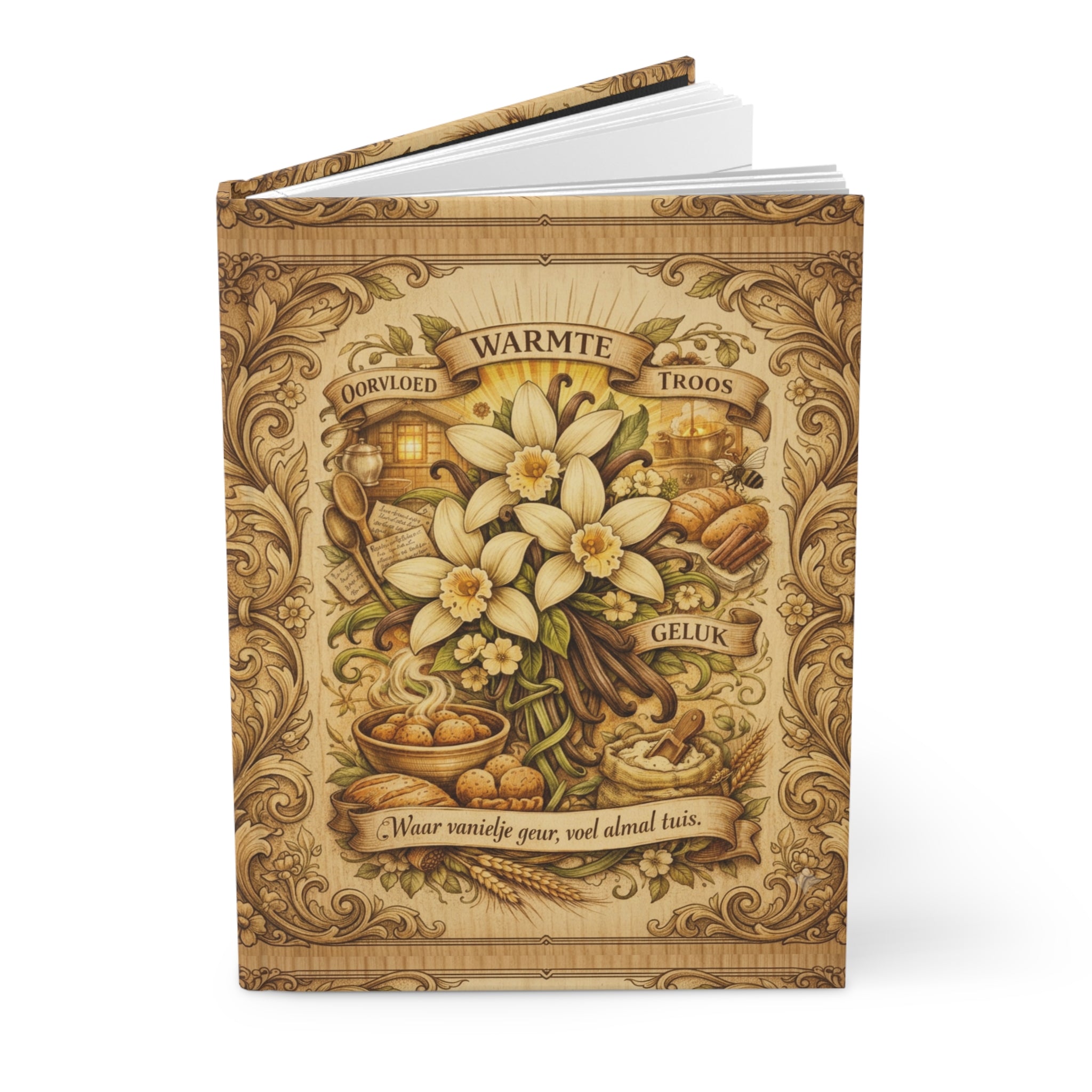 Hardcover Journal — Vintage Daffodil & Spice Floral Notebook with Dutch Sentiment (Warmte, Troos, Geluk)
