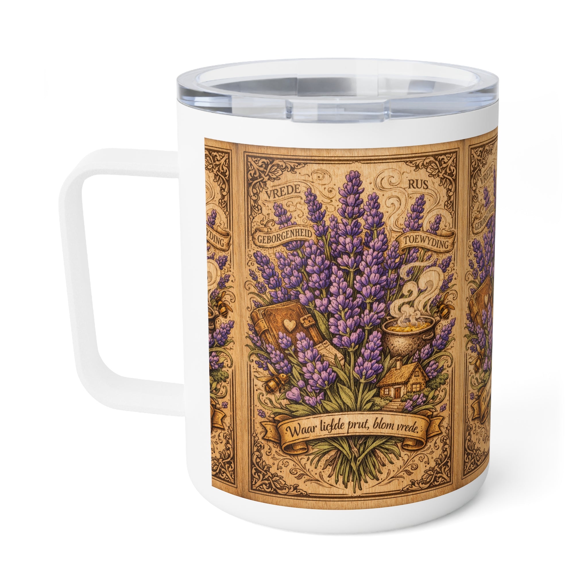 Lavender Apothecary 10oz Insulated Coffee Mug — Vintage Botanical Tea & Herbal Remedy Design